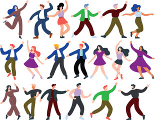 Colorful flat illustration of diverse dancing people group, joyful characters performing energetic dance poses for party, celebration and lifestyle concepts