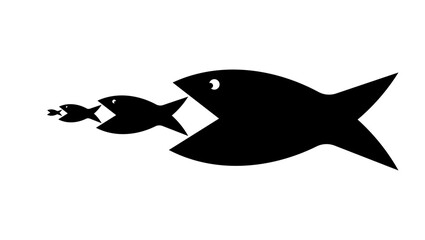 big fish eats little fish, black isolated silhouette