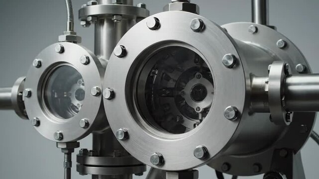 Close up shot of industrial metallic pipes and valves engineering system. On light gray background in harsh lighting. Good for technical documentation. 