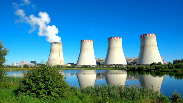 A row of industrial chimneys reflecting in the calm water under a blue sky. Scenic view with greenery at ground level and white smoke plumes .