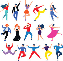 Colorful flat illustration of diverse dancing people group