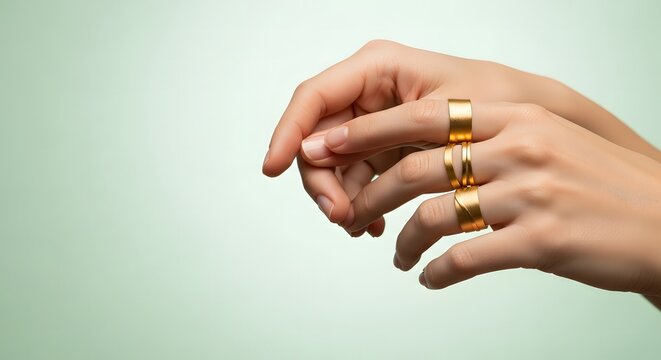 Stylish female hands adorned with modern gold rings against a so