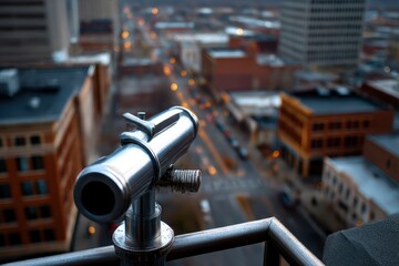 Silver telescope atop a building overlooks a blurred city street at dusk featuring buildings and streetlights