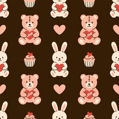 Obraz premium Vector seamless pattern with teddy bears, bunnies, hearts on dark background. Cute print for Valentines Day, textile, gift wrap, greeting cards, childrens design, and festive decor in flat style.