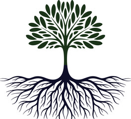 Elegant green tree with detailed branching roots illustration representing nature growth ecology sustainability organic development environmental concept botanical design natural ecosystem symbol © Md