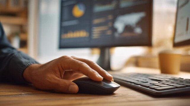 Professional hand using computer mouse while analyzing data on multiple monitors in a modern workspace