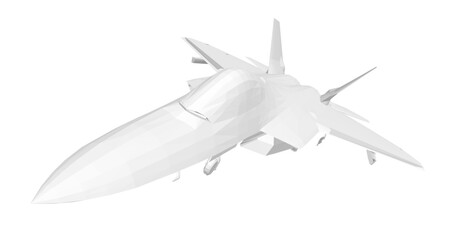 White fighter jet in combat flight against a white background. This sleek aircraft is a low poly model with a modern, polygonal design.