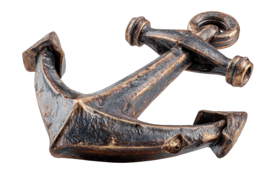 Classic metal ship anchor, isolated on transparent background, nautical object, realistic steel texture, sharp detail