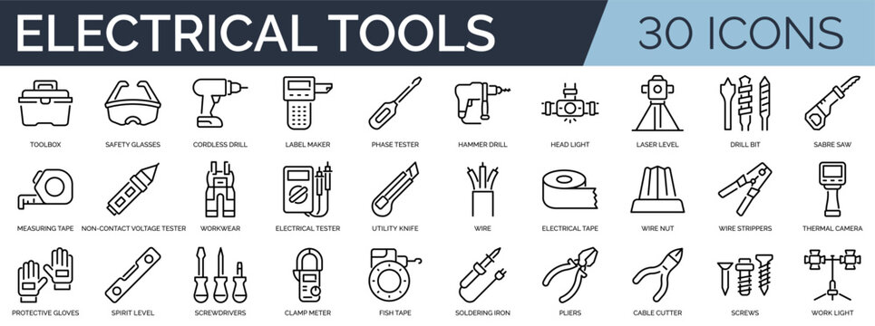 Set of 30 outline icons related to electrical tools. Linear icon collection. Editable stroke. Vector illustration