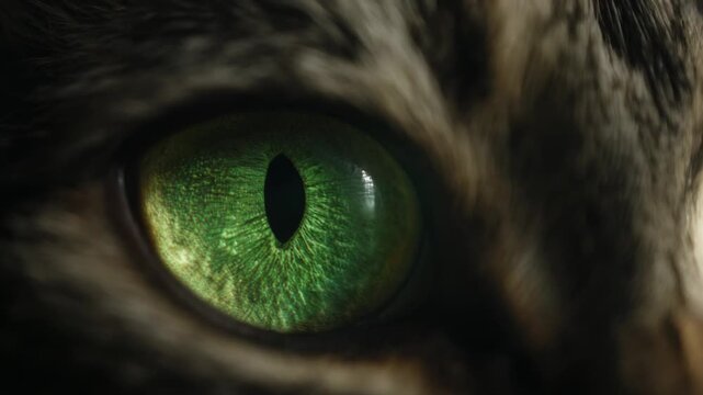 Close-up of a cat's mesmerizing green eye showcasing intricate textures and patterns
