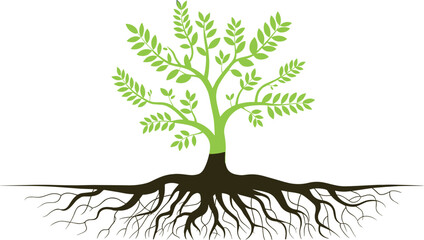 Green tree with detailed branching roots illustration representing nature growth ecology sustainability organic development environmental concept botanical design natural ecosystem symbol