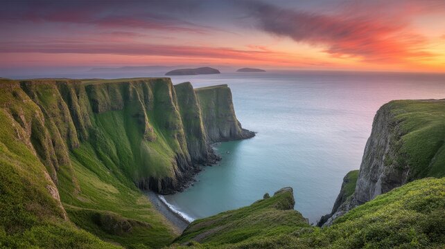 Dramatic cliffs meet the sea under a vibrant sunset sky near coast