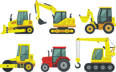Construction vehicles illustration set featuring bulldozer, excavator, loader, crane, tractor, road roller, heavy machinery equipment, industrial transportation graphics collection
