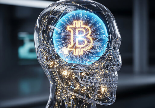 Levitating bitcoin symbol made of light floating inside a transparent robot brain chamber with neural circuits