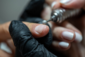 Close-up of manicurist using electric nail drill with round bit for cuticle treatment in professional nail salon