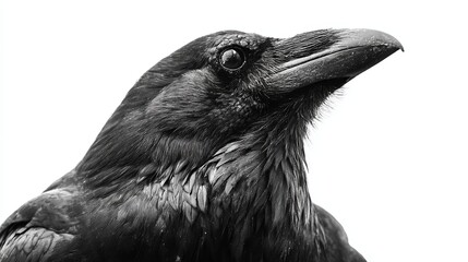 Fototapeta premium Intense raven portrait in striking monochrome, perfect for mystery, folklore, or gothic themes, showing its majestic and powerful gaze