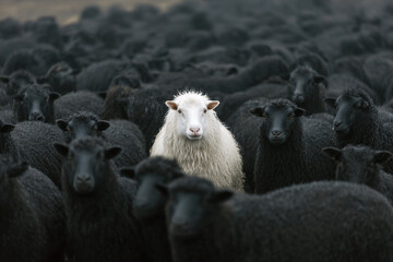 White Sheep Among Black Sheep: Striking Flock Contrast in Moody Rural Scene