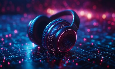 Hologram, digital music, and technology with an audio program head displayed against a dark background for sound streaming. Cyber metaverse technology and virtual gaming, Generative AI