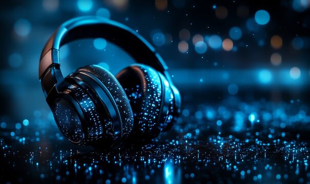 Hologram, digital music, and technology with an audio program head displayed against a dark background for sound streaming. Cyber metaverse technology and virtual gaming, Generative AI