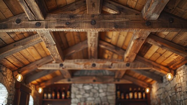Rustic wooden ceiling beams with stone wall and bottles.