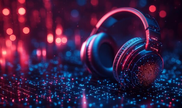 Hologram, digital music, and technology with an audio program head displayed against a dark background for sound streaming. Cyber metaverse technology and virtual gaming, Generative AI