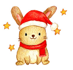 Grazioso coniglio con cappello di Babbo Natale, illustrazione ad acquerello