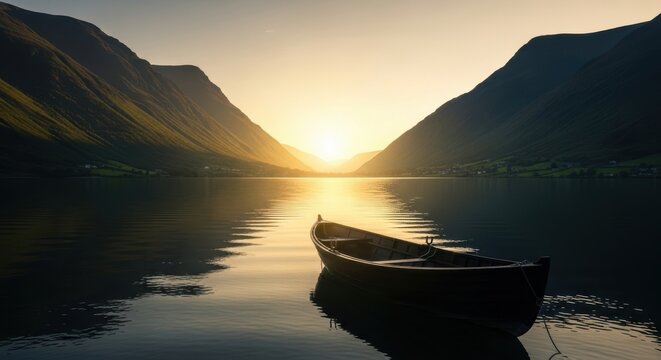 Serene sunset over a calm fjord with a solitary rowboat reflecting golden light - Powered by Adobe