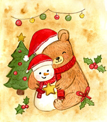 Grazioso orsetto natalizio che abbraccio un pupazzo di neve, illustrazione di Natale ad acquerello