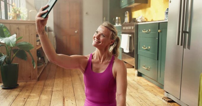 Happy woman, yoga and selfie with tablet for online workout session, photography or memory in home. Active, female person or picture with smile for capture moment, done exercise or virtual class
