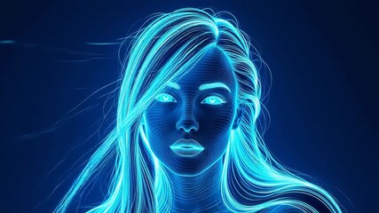 Blue neon line art portrait of a woman - Powered by Adobe