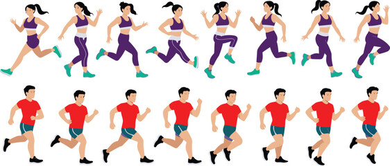 Running motion sequence illustration showing athletic man and woman in multiple jogging poses demonstrating fitness exercise, movement cycle and sports activity