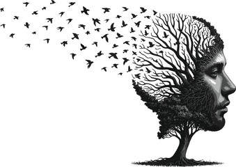 Surreal tree growing into realistic human face with flying birds, symbolic nature illustration expressing freedom, transformation, creativity, imagination, conceptual artistic design