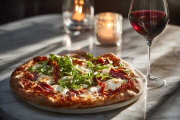 Pizza with ham and spinach sits on a white plate next to a wine glass. The wine glass is half full and the pizza is topped with cheese and spinach