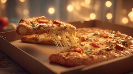 Slice of pizza is being pulled out of a cardboard box. The pizza is topped with cheese and tomatoes