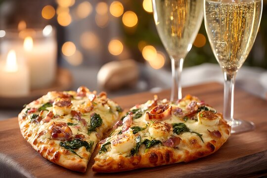 Pizza with a slice missing is on a wooden table next to two wine glasses. The pizza is topped with spinach and cheese, and the wine glasses are filled with champagne
