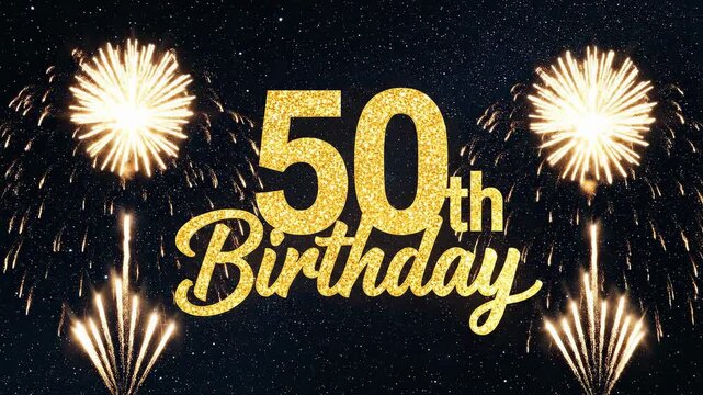 A dazzling golden 50th birthday celebration with spectacular sparkling fireworks against a dark night sky. An elegant fiftieth anniversary greeting