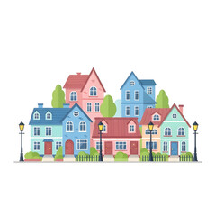 Vibrant suburban neighborhood illustration featuring colorful houses and idyllic community living concept for urban design