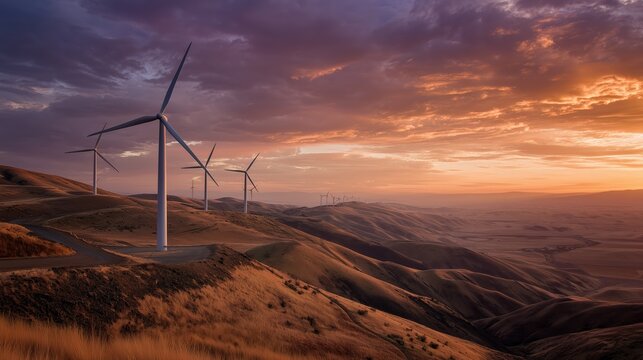 Wind turbines stand tall on rolling hills during a vibrant sunset in a rural landscape