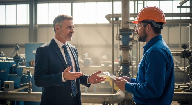 Collaboration in Industry: A focused businessman and a dedicated engineer engage in a dynamic dialogue, exchanging expertise within a bustling industrial environment.