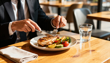 Cropped shot of businessman eating chicken fillet with salad in restaurant