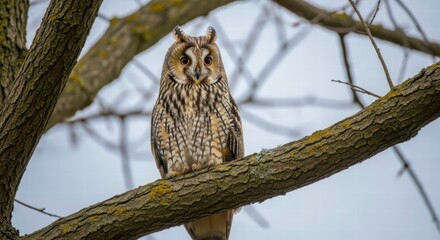 Obraz premium Majestic Owl Perched: A captivating owl, with striking features, is perched gracefully on a tree branch, observing the world with keen eyes in a woodland setting.