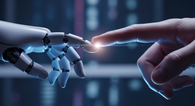 Human and robot fingers touching with glowing light