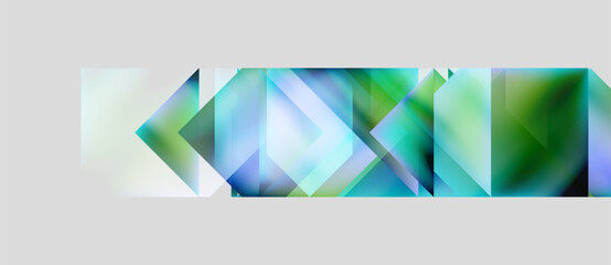 Abstract geometric shapes overlap, creating vibrant blue, green hues. Composition feels modern, dynamic, visually interesting.