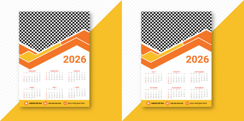 Modern 2026 annual calendar design template with geometric orange and yellow abstract shapes on top Vector