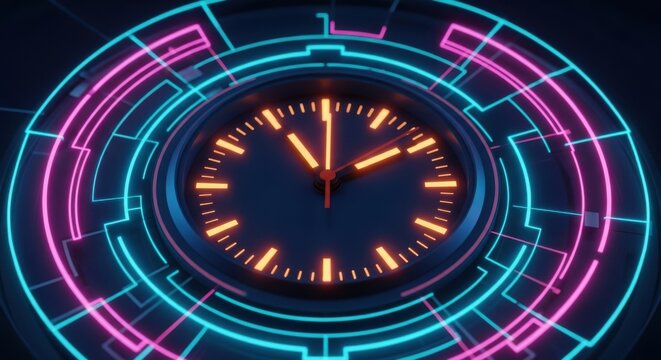 Futuristic neon clock with digital circuitry and glowing hands