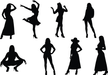 Silhouette fashion women vector set, stylish poses, black figures, dancing, squatting, gesturing, hat, dress, heels, elegance, design