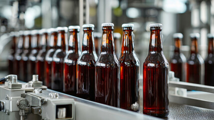Bottles of dark amber liquid move along a conveyor belt in a beverage production facility