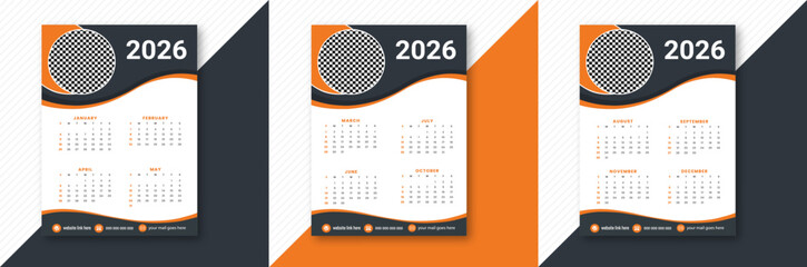 Modern 2026 corporate calendar template with abstract orange and dark grey wavy design and photo placeholder Vector