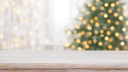 Empty white wooden table top in front of softly blurred Christmas tree with golden lights, ideal for festive product mockups or ads.