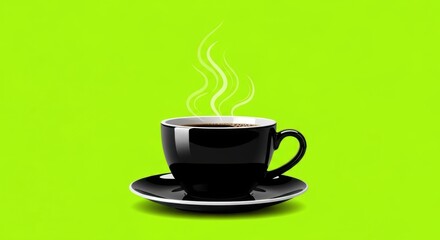 Steaming black coffee in a cup on a saucer against a vibrant green background
